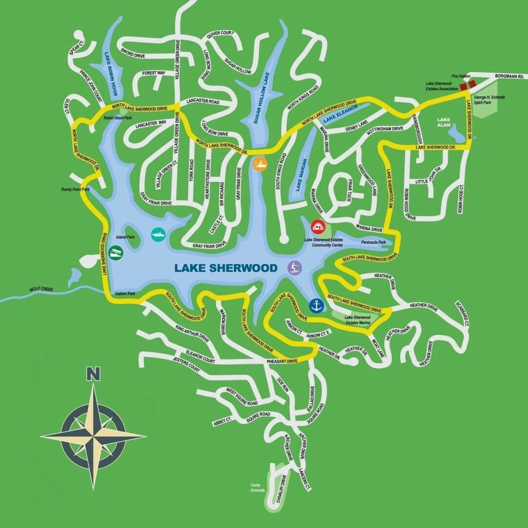 A map of the lake with various directions to different areas.